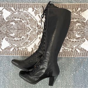 Classic Black Lace-Up Knee-High Heeled Boots